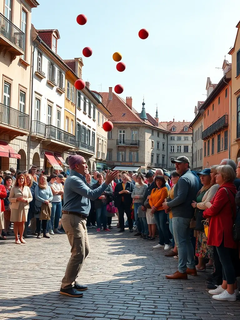 A vibrant street performance with a juggler entertaining a crowd in a town square, showcasing ACC's street performances.