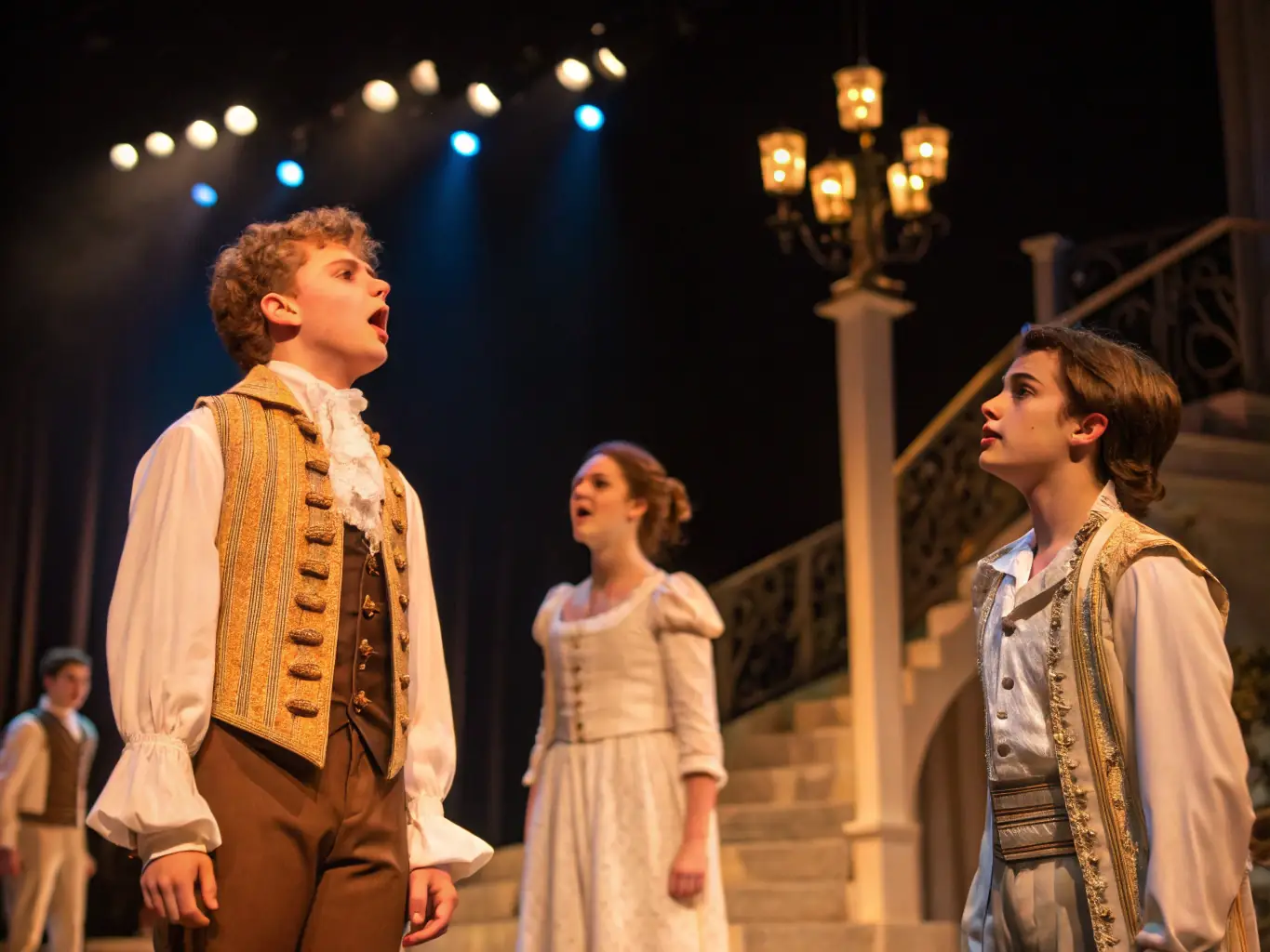A scene from a theater presentation featuring actors in dramatic lighting, conveying the depth and artistry of ASSOCIATION CIRQUE LA CABRIOLE's theatrical productions.